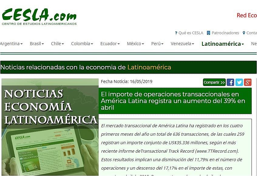 El importe de operaciones transaccionales en Amrica Latina registra un aumento del 39% en abril